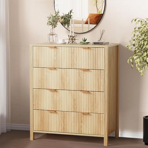 Fluted 5 Drawers Dresser for Bedroom, Wooden Tall Storage, Walnut L1075