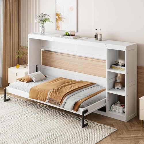 Full Murphy Bed with Storage Shelves, White Z979