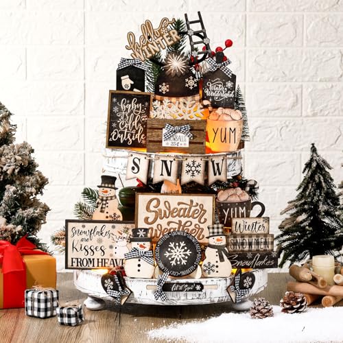 Nuogo 24 Pcs Christmas Tiered Tray Decorations Set with 2 Tier Stand C248