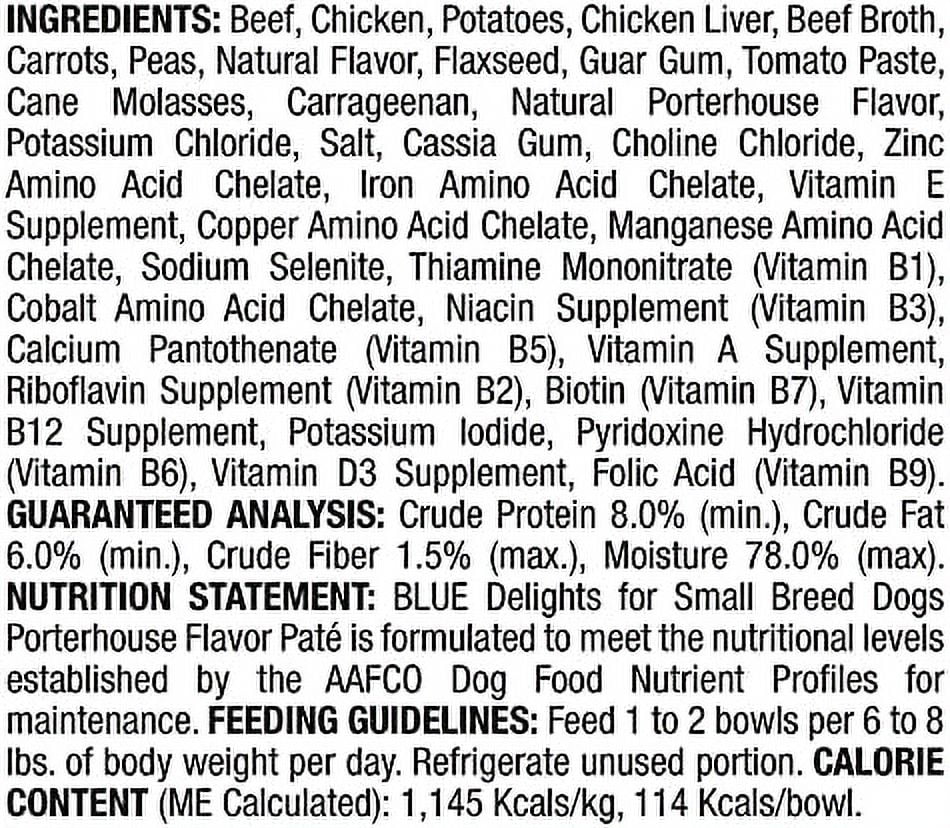 Blue Buffalo Delights Natural Adult Small Breed Wet Dog Food Pate, Porterhouse Flavor, 3.5-oz Cups (Pack of 12) E97883