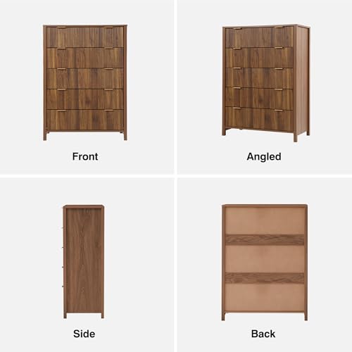 Fluted 5 Drawers Dresser for Bedroom, Wooden Tall Storage, Walnut L1075