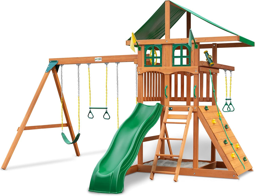 Gorilla Playsets Avalon Wooden Swing Set with Canopy, Climbing Wall and Slide K2120