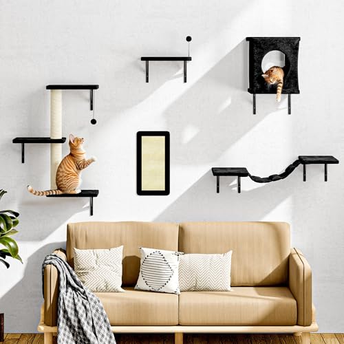 NUNU LAB Wall Mounted Cat Climber Set with House, Tunnel, Scratcher, Black M305