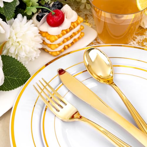 bUCLA 300PCS Gold Disposable Dinnerware Set - White and Gold Plastic Plates for Party S185