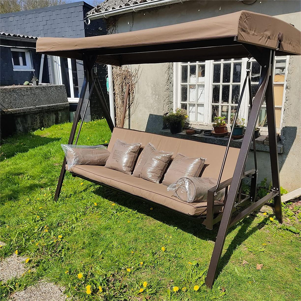 PURPLE LEAF Outdoor Patio Swing Chair with Adjustable Backrest, 3-Seat, Beige Z4266
