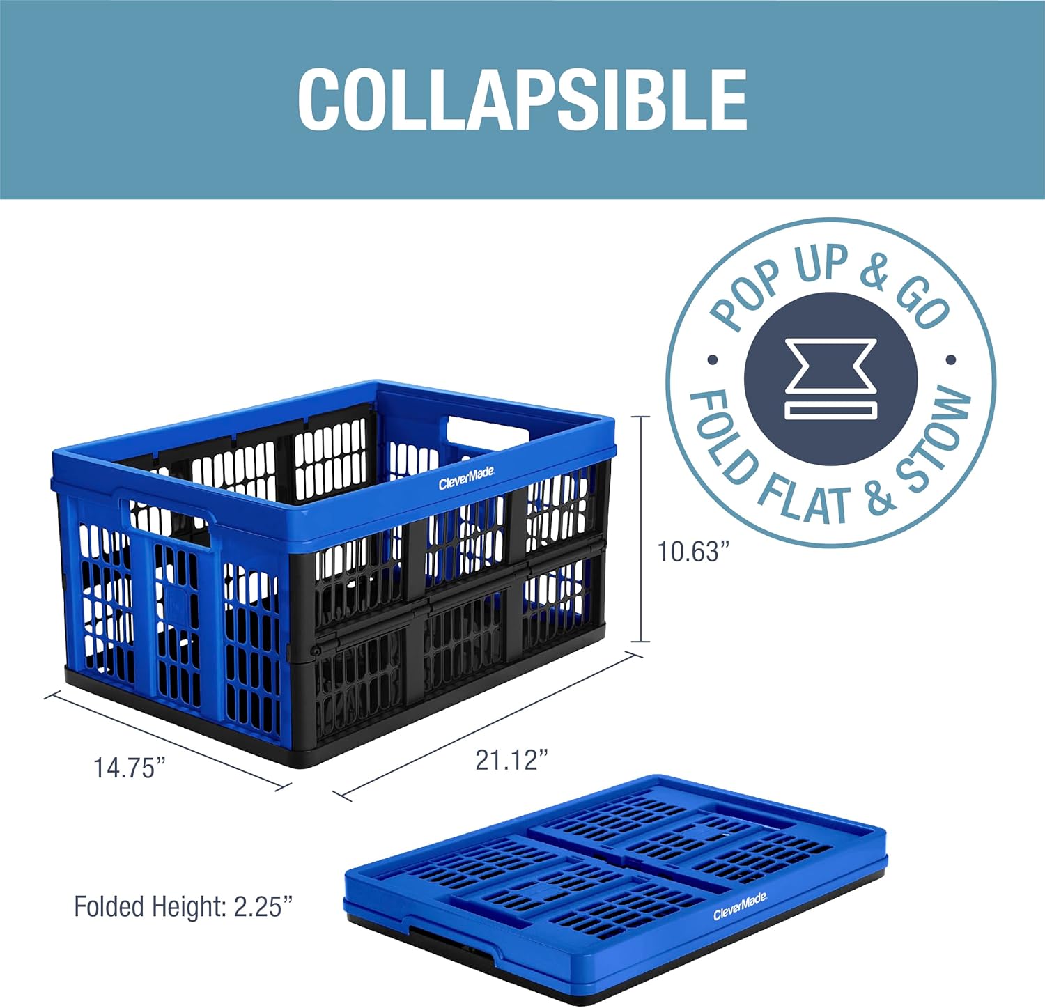 CleverMade Collapsible Utility Crate, Royal Blue, 3PK - 45L Storage Bins Q6931