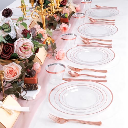 bUCLA 300PCS Gold Disposable Dinnerware Set - White and Gold Plastic Plates for Party S185