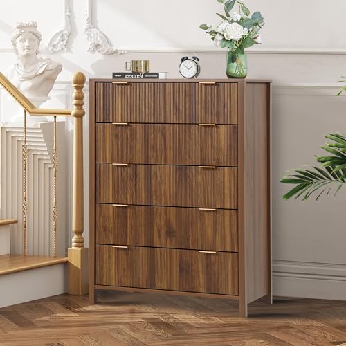Fluted 5 Drawers Dresser for Bedroom, Wooden Tall Storage, Walnut L1075
