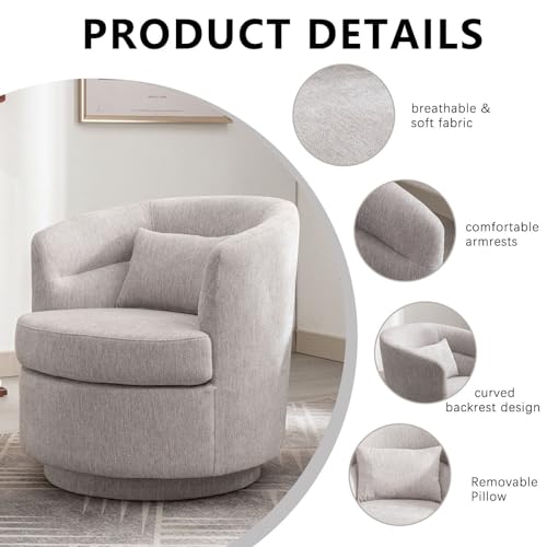 CANMOV Swivel Accent Chair 360 Degree Round Barrel Chair with Pillow, Grey I257