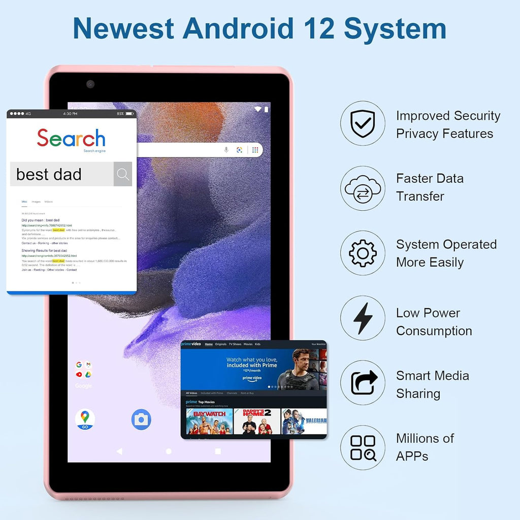 7 inch Android 12 Tablet, 4GB+32GB, WiFi, Dual Camera, Pink V3363