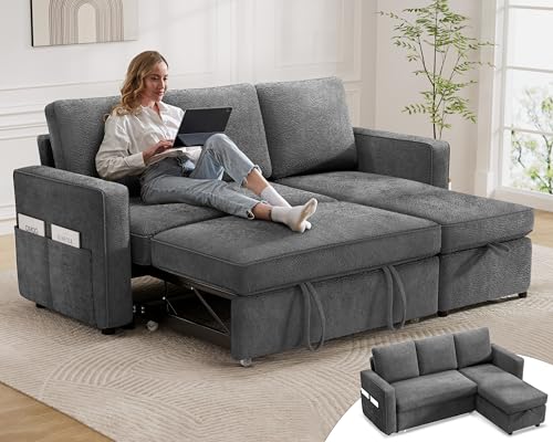 81" Sleeper Sofa Bed with Pull Out Bed, L Shaped Couch Sectional Sleeper Sofa, Pull Out Couch with Reversible Storage Chaise, Side Pockets, Tool-Free Assembly, Chenille Grey