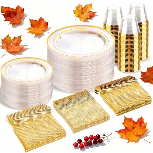 bUCLA 300PCS Gold Disposable Dinnerware Set - White and Gold Plastic Plates for Party S185