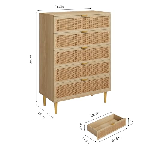 Rattan 5 Drawer Tall Dresser for Bedroom, Black V99880