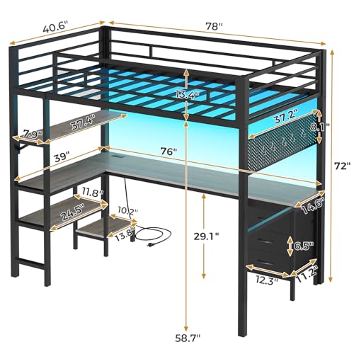 ADORNEVE Twin Size Metal Loft Bed with L-Shaped Desk, LED Lights, Charging Station S614727
