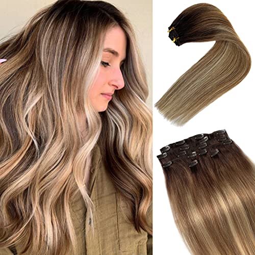 Hair Extensions Real Human Hair, Clip in Hair Extensions 18Inch Balayage Brown to Ash Brown and Bleach Blonde Clip on Extensions Full Thick Ends Blonde Highlights Remy Hair Extensions 7pcs 70g