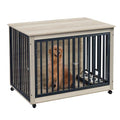 Dog Crate Furniture with Pull-Out Dog Bowls, 43.7'' Heavy Duty Wooden Dog Kennel with Double Doors & Flip-Top for Large Dogs, Furniture Style Dog Crate End Table with Wheels, Grey
