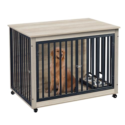 Dog Crate Furniture with Pull-Out Dog Bowls, 43.7'' Heavy Duty Wooden Dog Kennel with Double Doors & Flip-Top for Large Dogs, Furniture Style Dog Crate End Table with Wheels, Grey