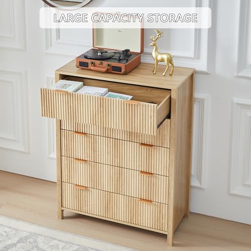 Fluted 5 Drawers Dresser for Bedroom, Wooden Tall Storage, Walnut L1075