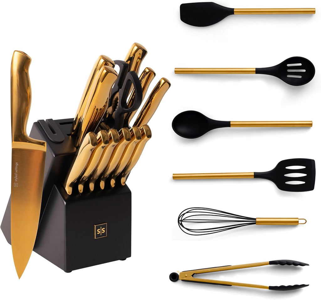 Black and Gold Knife Set with Block Self Sharpening with Black and Gold Silicone Utensils Set- 20 Piece Luxe Black and Gold Kitchen Accessories