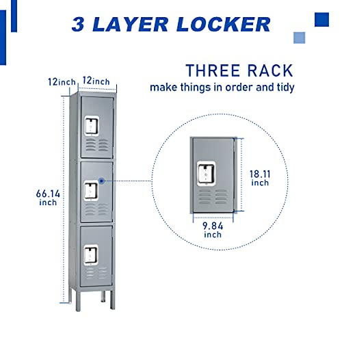 Bonusall Metal Locker 3-Tier Steel Storage Cabinet, 3 Doors Grey H746