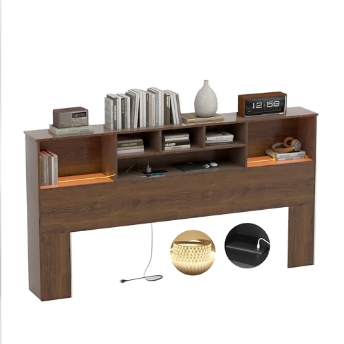 King Size Bed Headboard with LED Light and Storage Bookcase H72493
