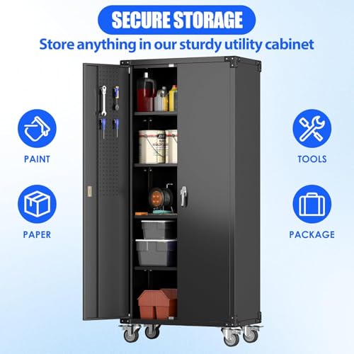 Aobabo 73''H Metal Garage Storage Cabinet with Wheels, Black S572804