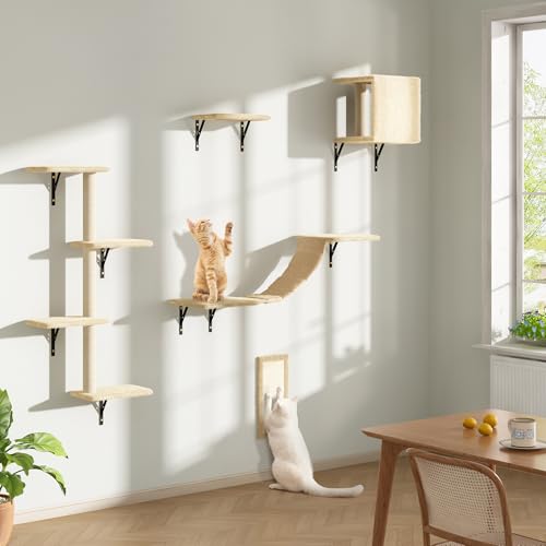 COZIWOW Wall Mounted Cat Furniture, Cat Wall Shelves and Perches, Floating Cat Shelves for Wall Set of 5 (Grey)