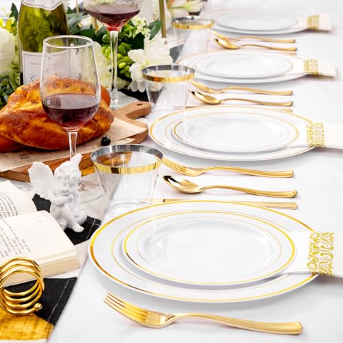 bUCLA 300PCS Gold Disposable Dinnerware Set - White and Gold Plastic Plates for Party S185