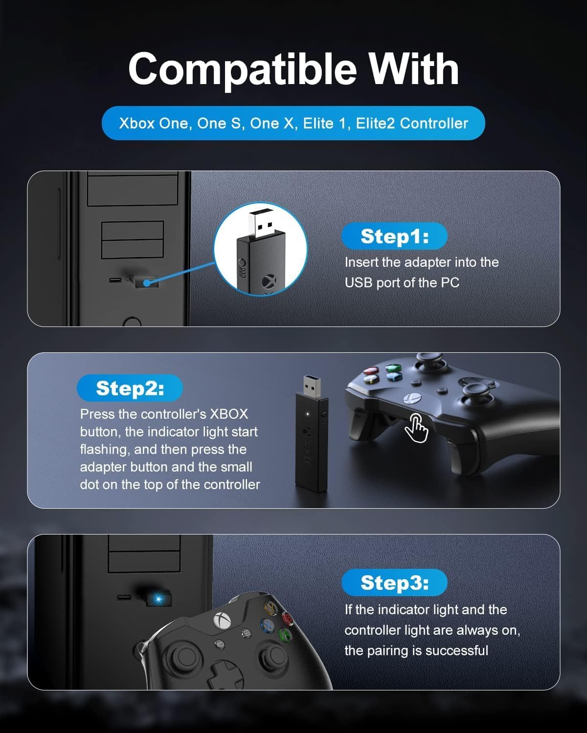 Wireless Adapter for Xbox One Controller for PC, Windows 7/8/10, Black U14616