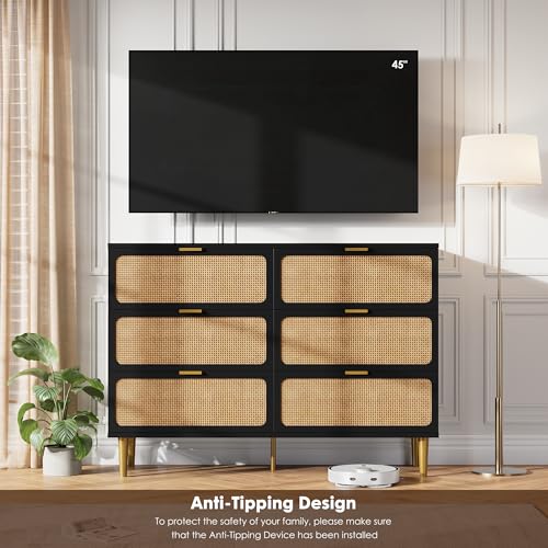 Rattan 5 Drawer Tall Dresser for Bedroom, Black V99880