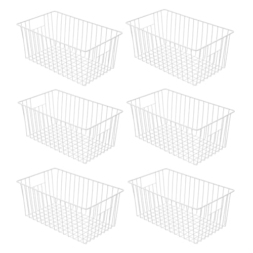 16" Upright Freezer Organizer Baskets, Wire Storage Bins Large Bakset for Freezer, Pantry, Kitchen, Bathroom Organizing, White, Set of 6