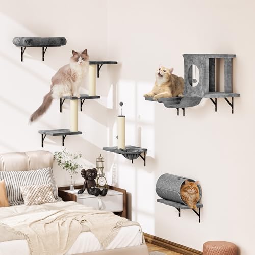 NUNU LAB Wall Mounted Cat Furniture Set 7 Pcs with Scratching Post - Light Gray P6315