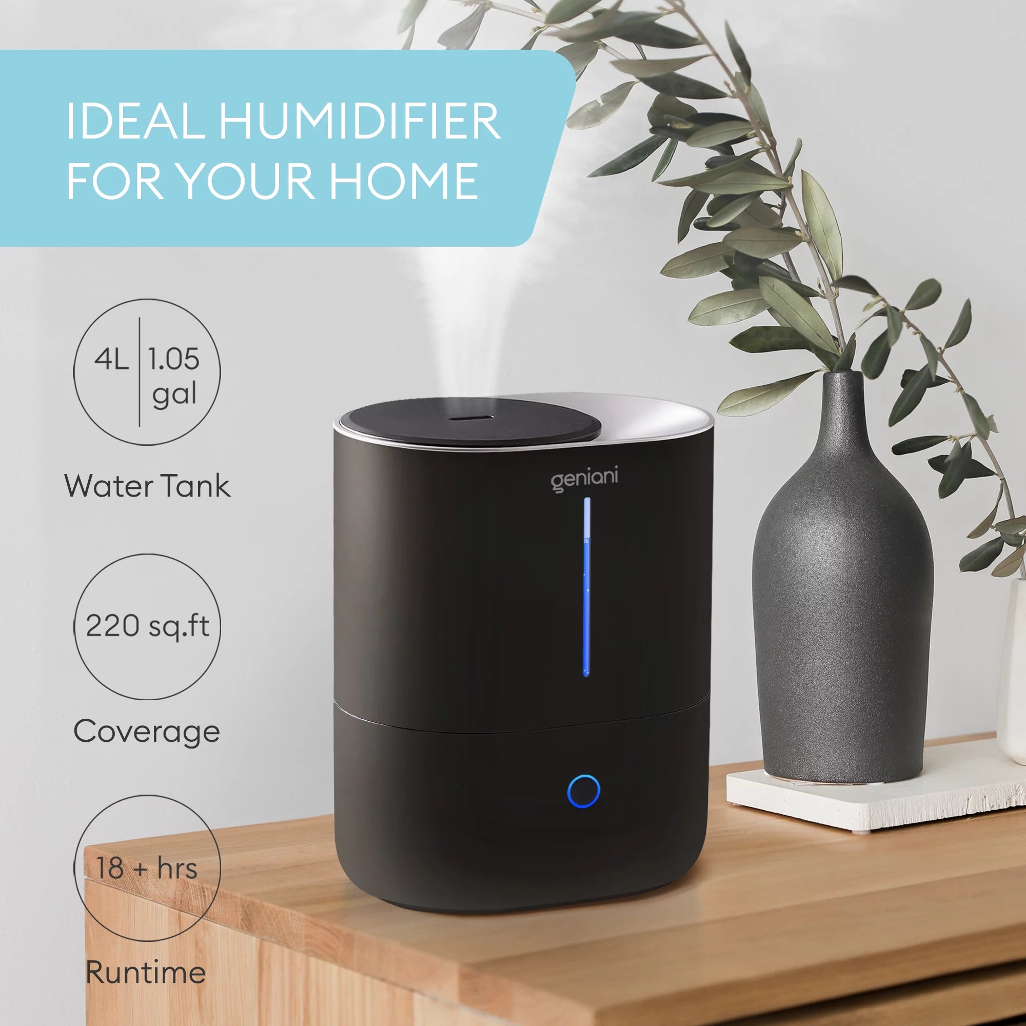 Geniani Ultrasonic Top-Fill Cool Mist 2-in-1 Humidifier & Diffuser, White Q92054