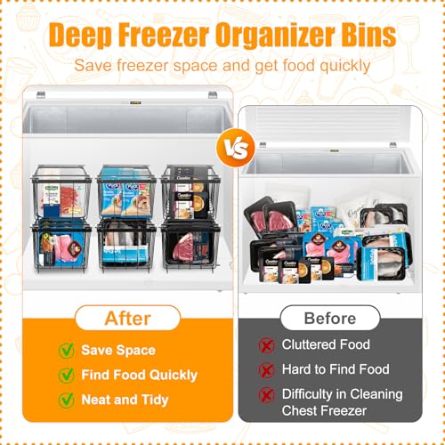 Freezer Organizer Bins, 6 Pack Stackable with Handles, Black S4912
