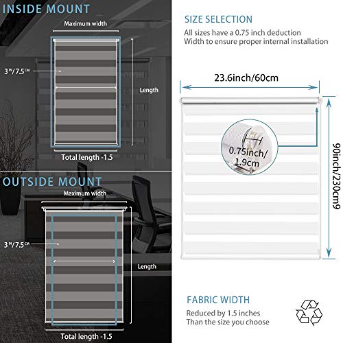 SEEYE Zebra Blinds for Windows French Door Roller Dual Shades Light Control, 35.4" W x 90" H, White C9230