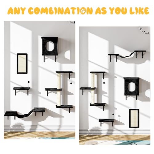 NUNU LAB Wall Mounted Cat Climber Set with House, Tunnel, Scratcher, Black M305