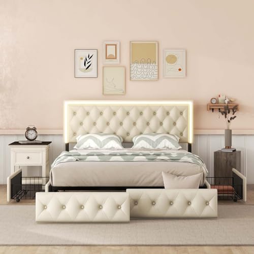 Queen Size Upholstered Bed Frame with 4 Storage Drawers, LED Light, No Box Spring Needed W7079