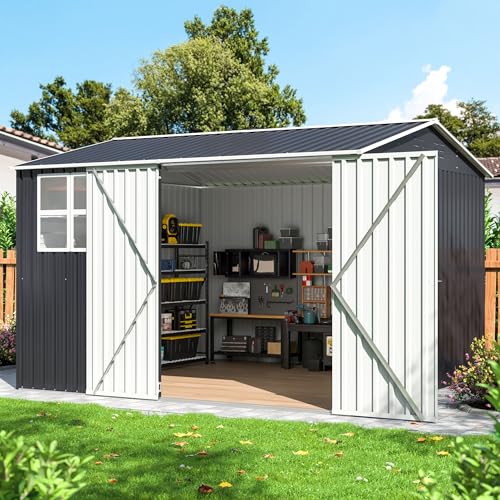 10x10 FT Outdoor Metal Storage Shed with Lockable Doors, Grey Q804763