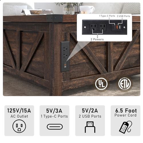 Farmhouse Lift Top Coffee Table with Storage and Charging Station, Brown J61149