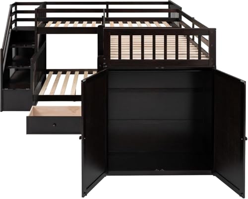 MERITLINE Twin Over Full Triple Bunk Bed with Storage Stairs, Solid Wood, Grey R998