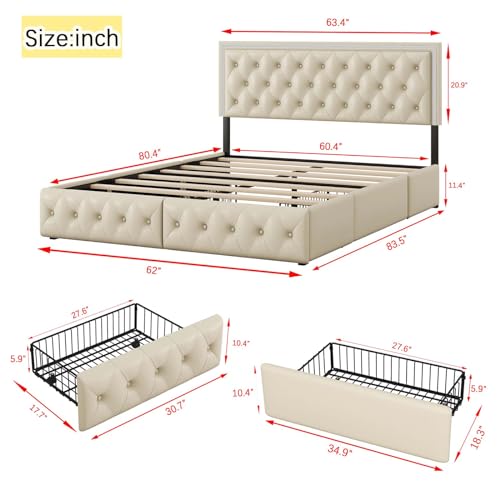 Queen Size Upholstered Bed Frame with 4 Storage Drawers, LED Light, No Box Spring Needed W7079