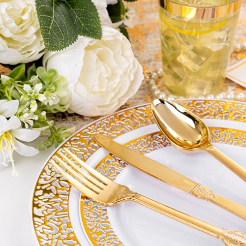 bUCLA 300PCS Gold Disposable Dinnerware Set - White and Gold Plastic Plates for Party S185