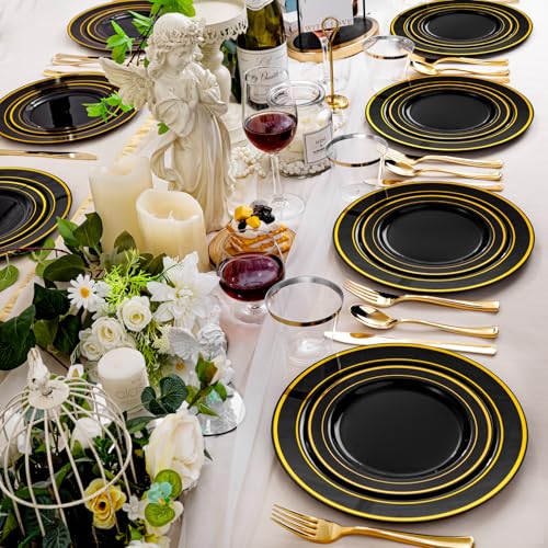 bUCLA 300PCS Gold Disposable Dinnerware Set - White and Gold Plastic Plates for Party S185