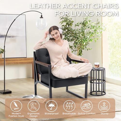 COLAMY Mid Century Modern Accent Chair Set of 2, Faux Leather, Black S4169