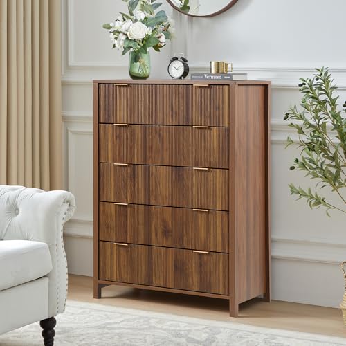 Fluted 5 Drawers Dresser for Bedroom, Wooden Tall Storage, Walnut L1075