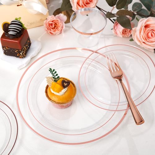 bUCLA 300PCS Gold Disposable Dinnerware Set - White and Gold Plastic Plates for Party S185