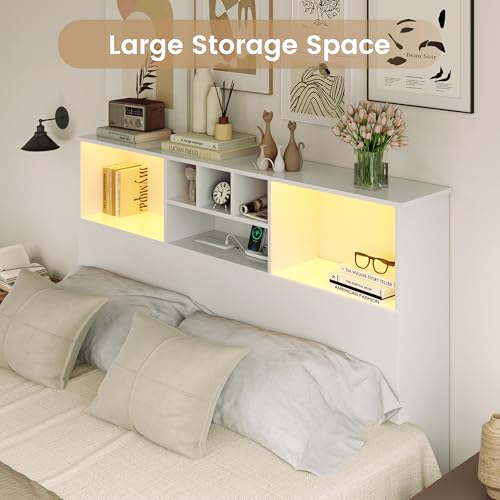 King Size Bed Headboard with LED Light and Storage Bookcase H72493