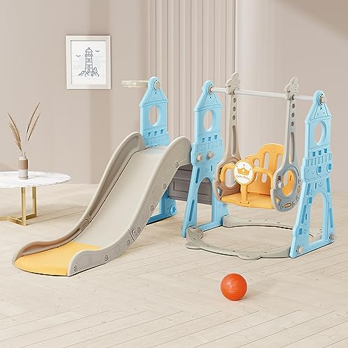 4-in-1 Toddler Slide and Swing Set with Basketball Hoop & Climber, Indoor/Outdoor Playset - Blue & Yellow J14810