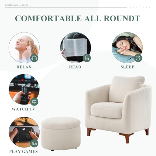 COLAMY Sherpa Accent Chair with Storage Ottoman Set, Cream E290651