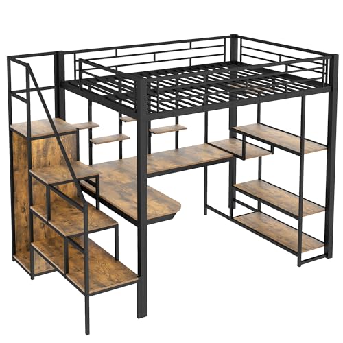 Full Size Loft Bed with Desk & Stairs, Heavy Duty Metal, Black E948